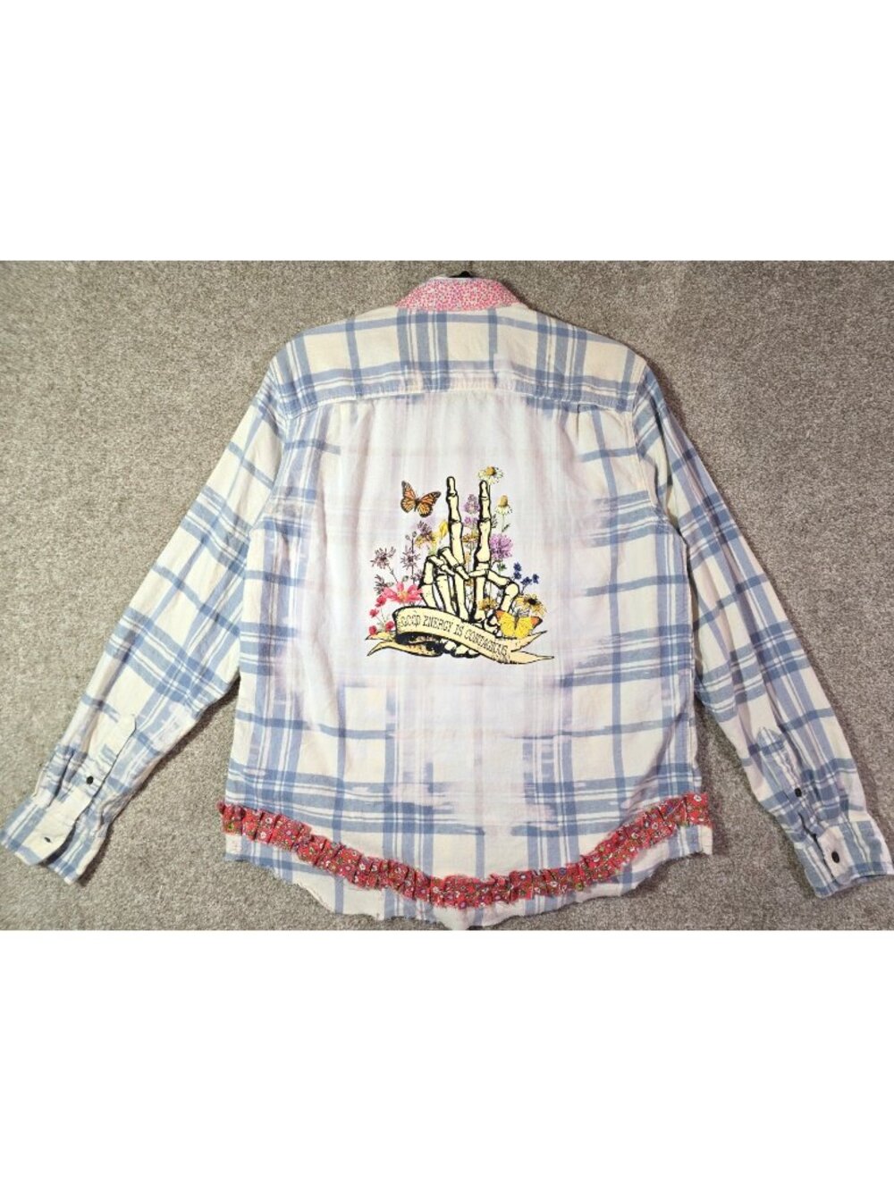 OOAK Upcycled Flannel Shacket Shirt Good Energy Skeleton Floral Boyfriend Size M